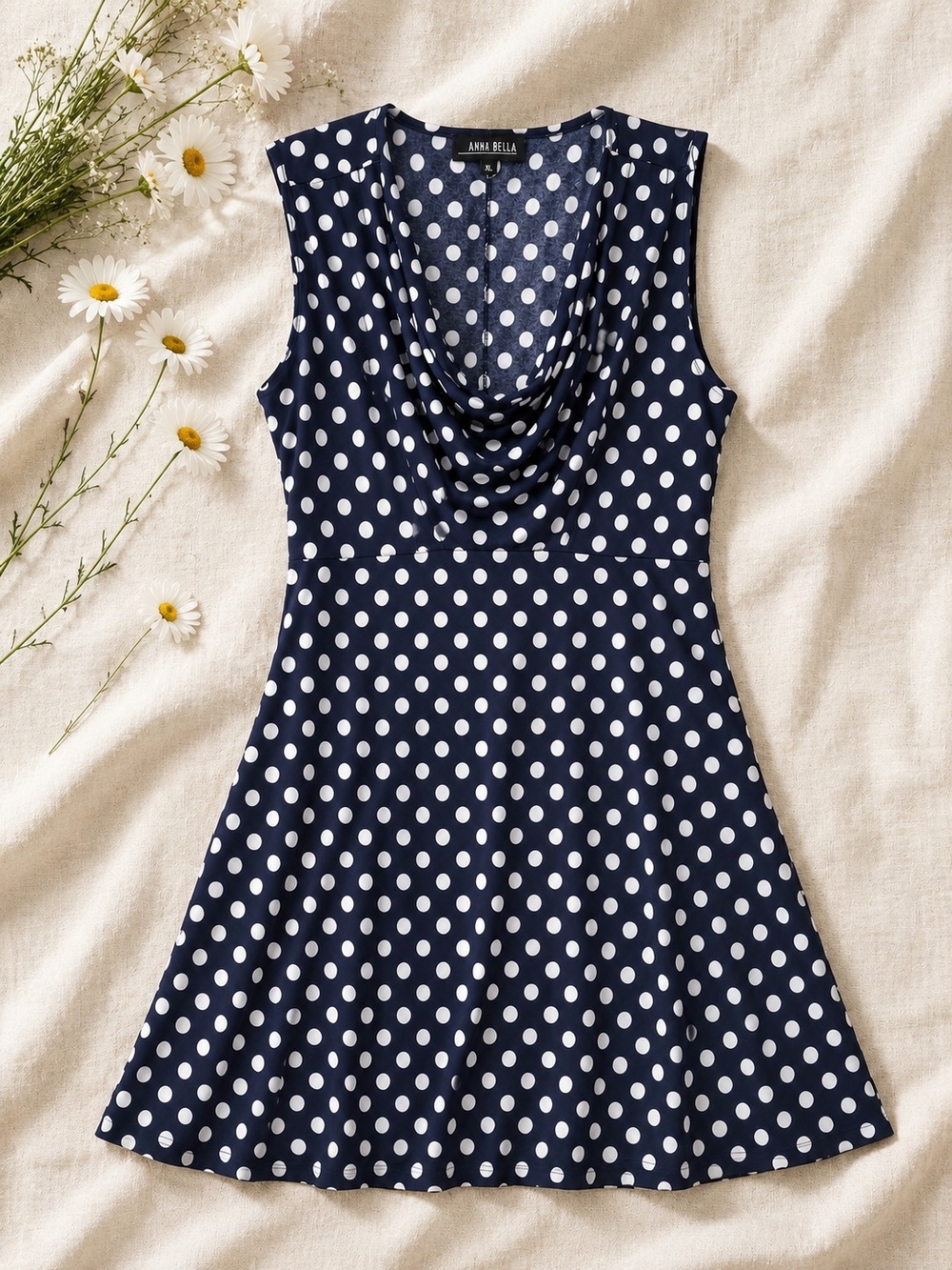 Anna Bella Navy White Polka Dot Dress XL Cowl Neck Fit Flare Sleeveless